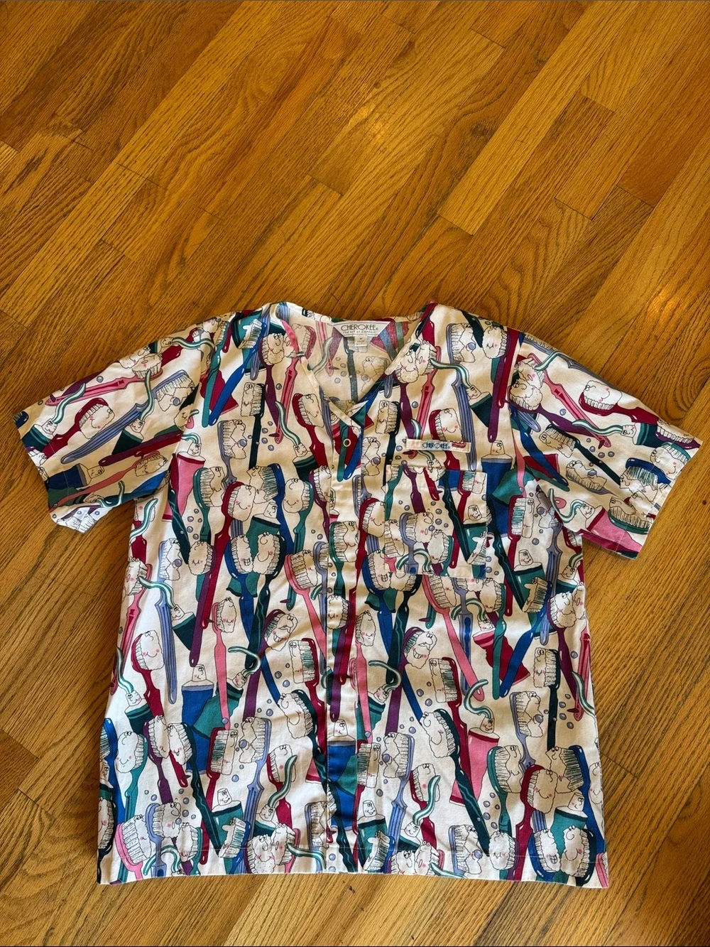 Cherokee Teal Red Blue Cream Novelty Button-Up Medium - Picture 3 of 7